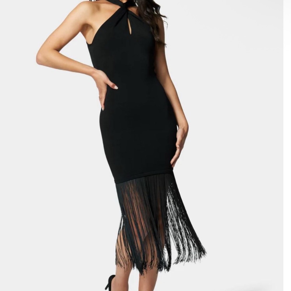 bebe Black Halter Midi Dress with Fringe